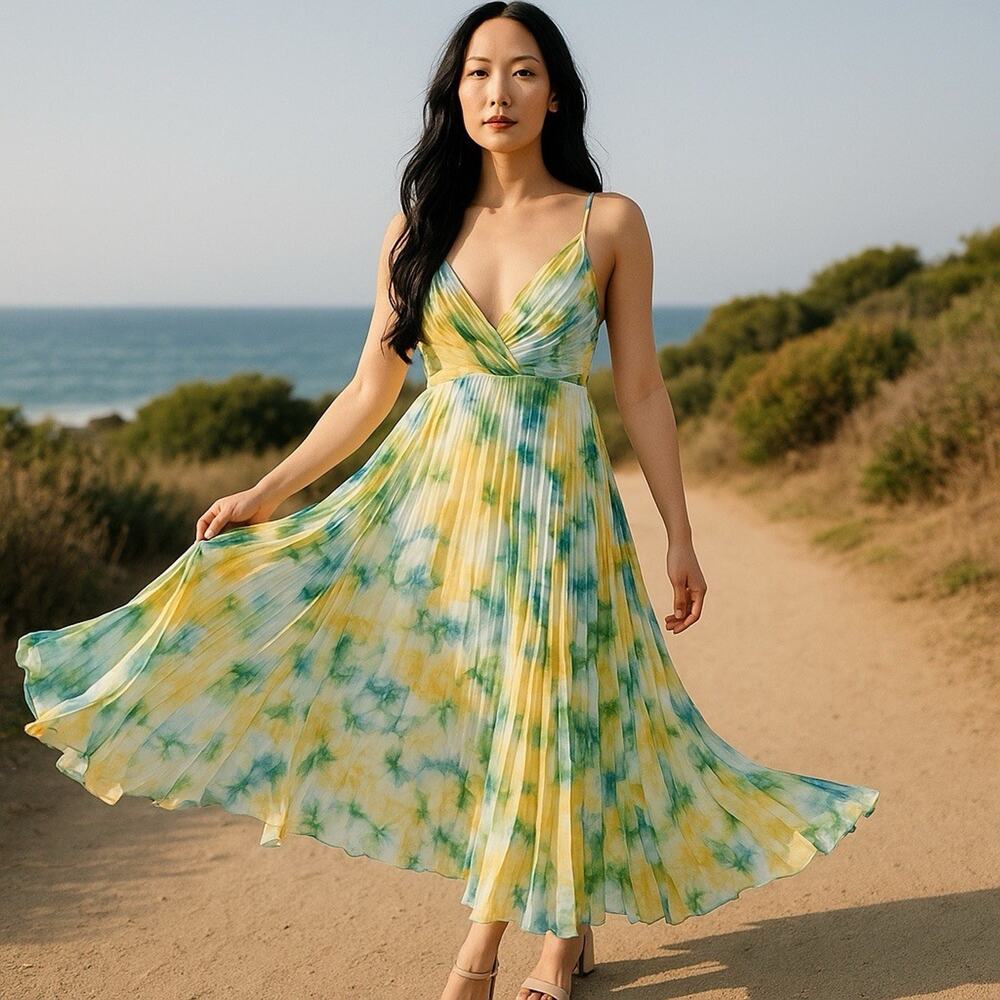 Misa Los Angeles Water Color Print Galeta Maxi Dress Pleated Sheer Sz M Resort